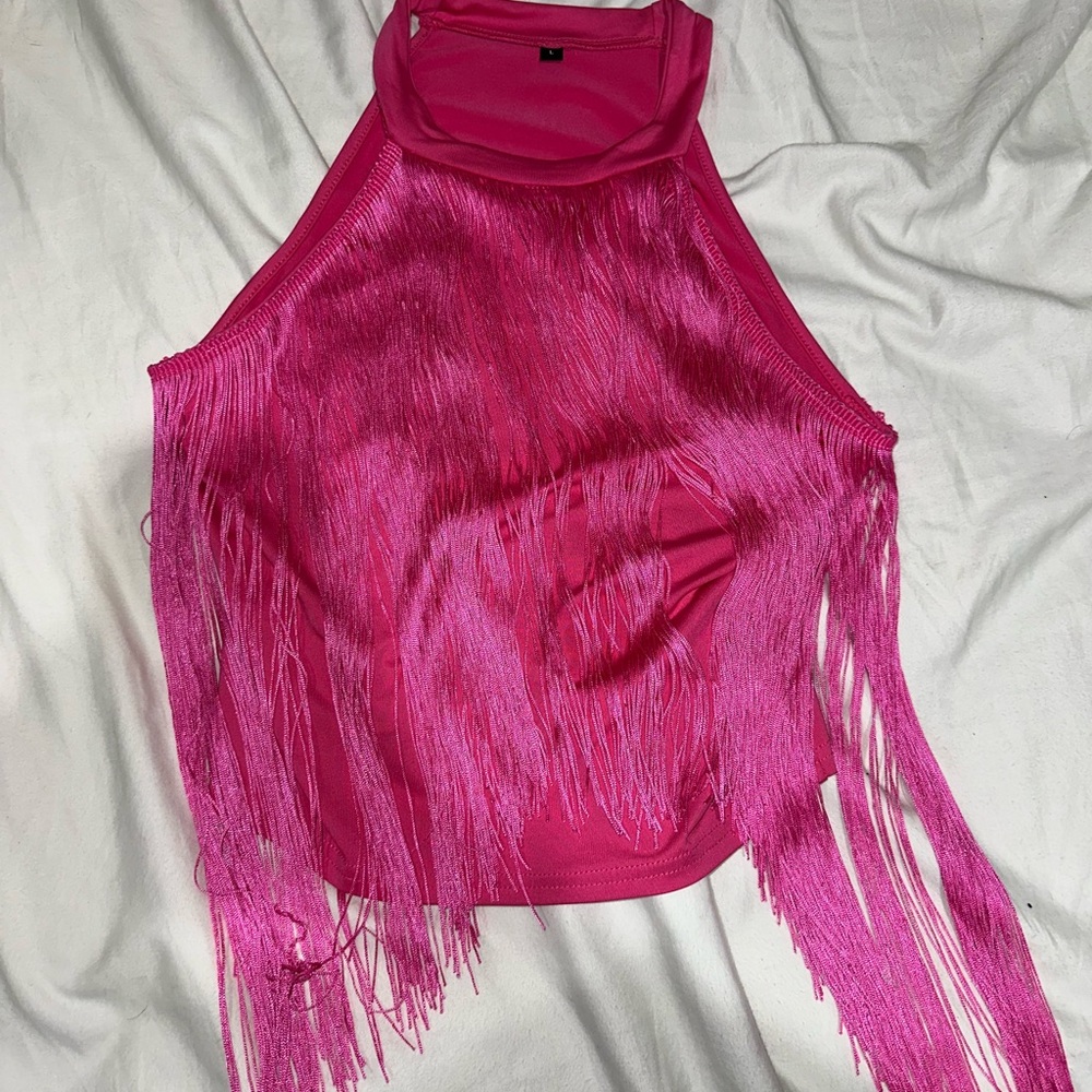 Fringe Halter Neck Top in Vibrant Pink